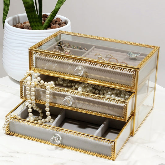 23 CM Vintage Glass Jewelry Storage Box with 3 Removable Drawer Multifunctional Organizer Box with Brass Frame for Rings Earrings Necklaces - Medaid International