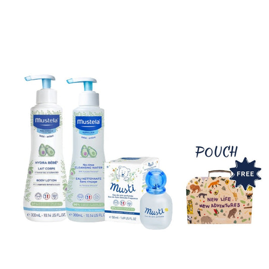 Mustela Hydra Bebe Body Lotion 300 ml + Cleansing Water 300 ml + Musti Perfume 50 ml + Gifts: Pouch