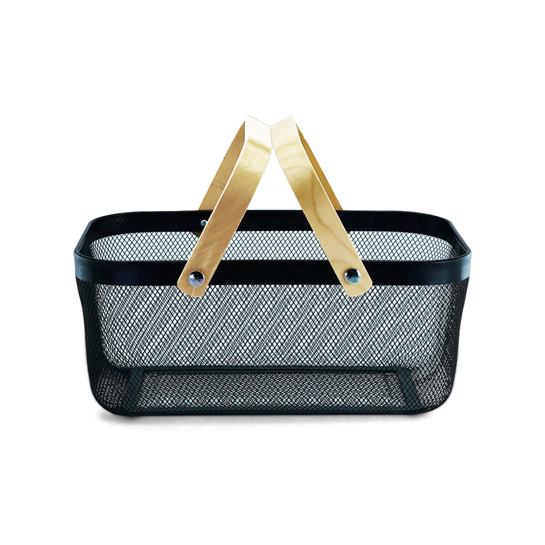 Black Mesh Storage Basket W/ Wooden Handle - Large