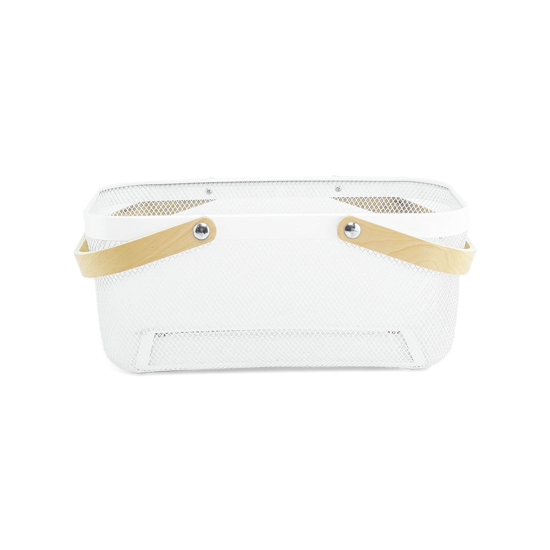 White Mesh Storage Basket W/ Wooden Handle - Large