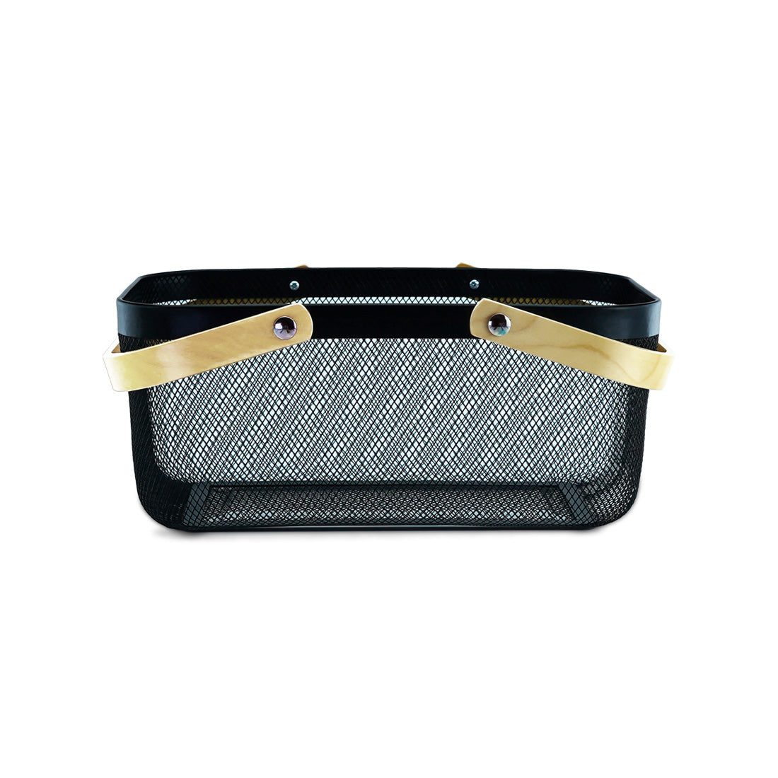 Black Mesh Storage Basket W/ Wooden Handle - Large