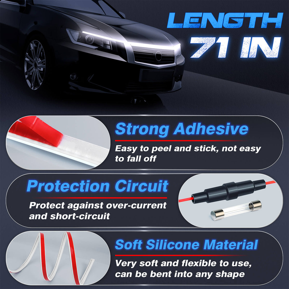 Car Hood Light Strip, Flexible Exterior Car LED Strip Lights Waterproof (Crystal Blue) - Medaid International