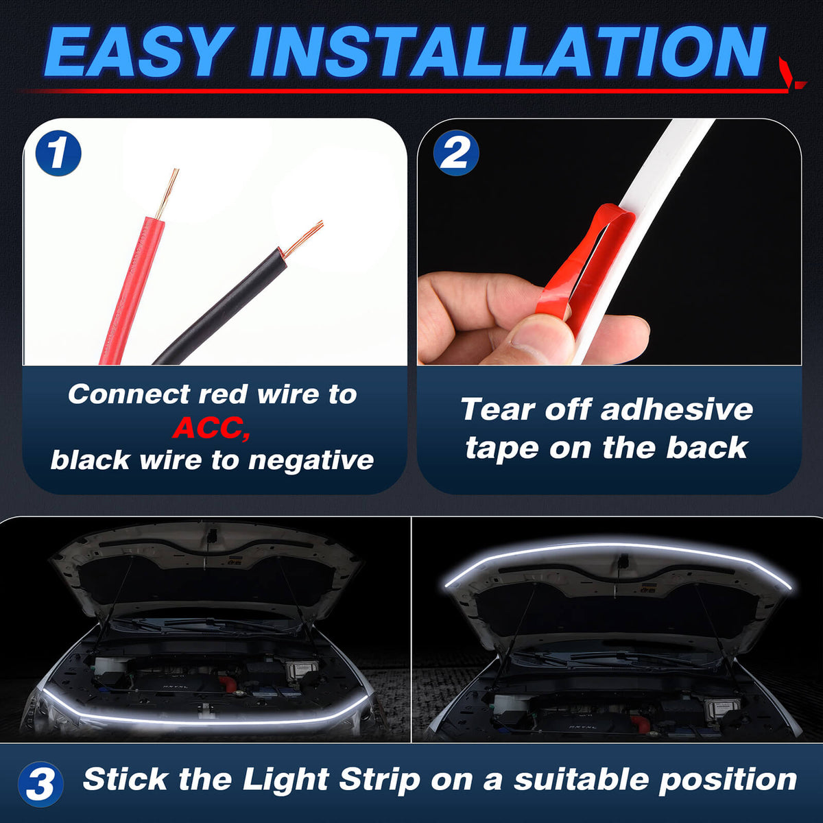 Car Hood Light Strip, Flexible Exterior Car LED Strip Lights Waterproof (Crystal Blue) - Medaid International