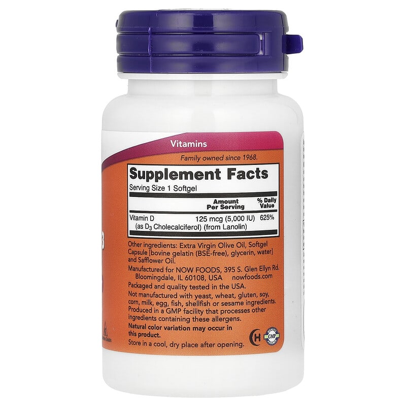 NOW Foods, Vitamin D-3, High Potency, 5,000 IU, 30 Softgels - Medaid International