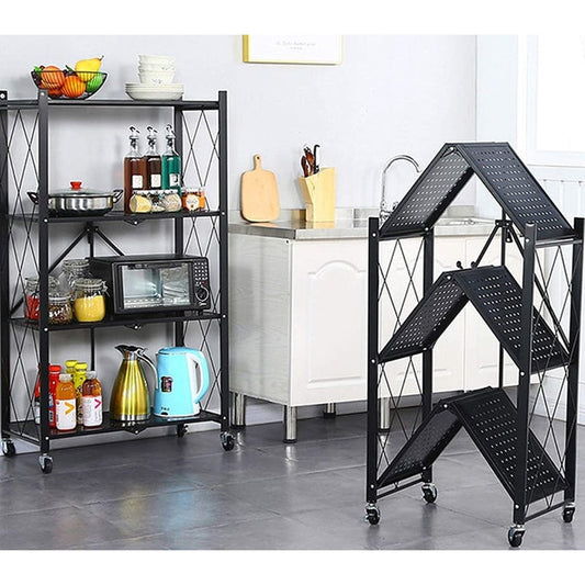 4 Tier Foldable Metal Storage Shelf Racks with Wheels Holds Up to 250 KG Moving Organizer Shelves for Kitchen Living Room and Bathroom Black - Medaid International