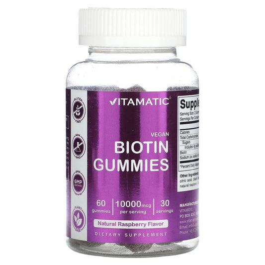 Vitamatic, Vegan Biotin Gummies, Natural Raspberry, 10,000 mcg, 60 Gummies - Medaid International