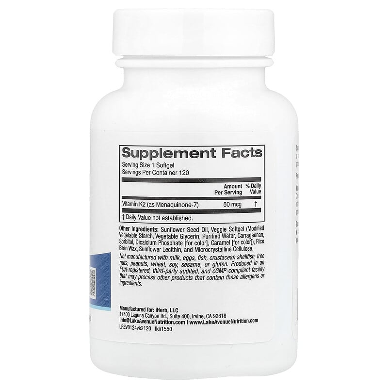 Lake Avenue Nutrition, Vitamin K2 (as Menaquinone-7), 120 Softgels - Medaid International
