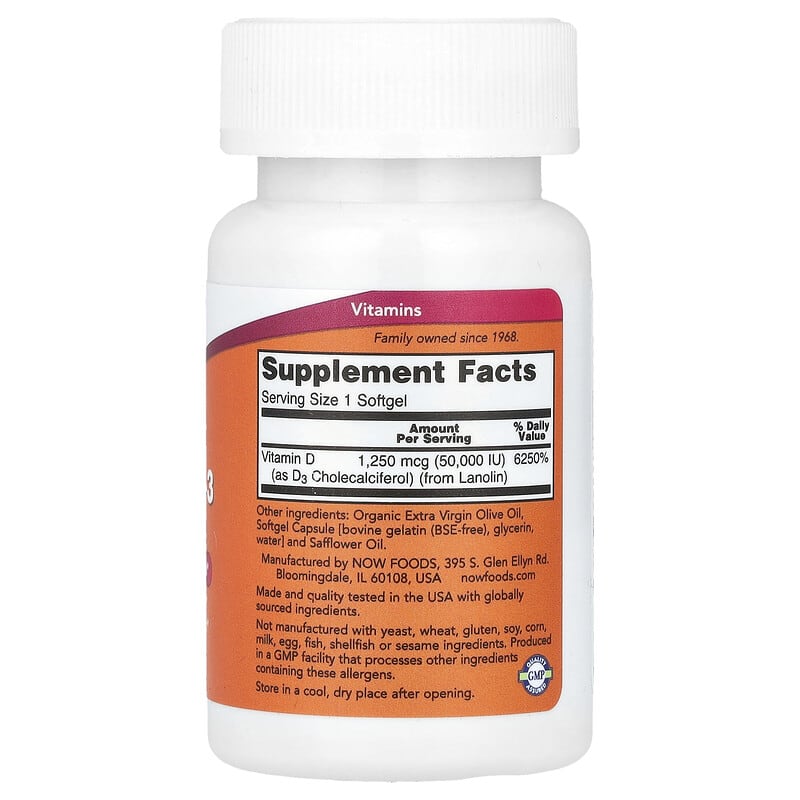 NOW Foods, Vitamin D-3, Max Potency, 50,000 IU, 12 Softgels - Medaid International