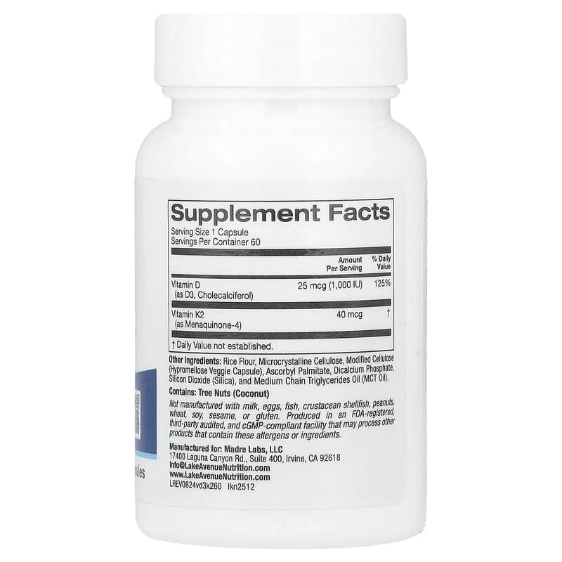 Lake Avenue Nutrition, Vitamin D3 + K2, 60 Veggie Capsules - Medaid International