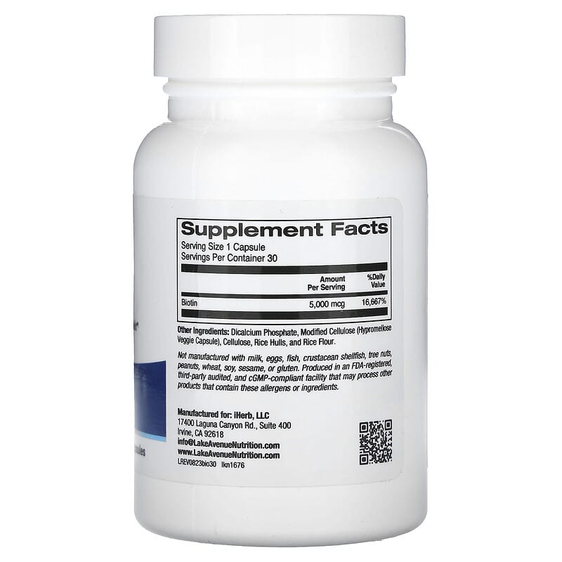 Lake Avenue Nutrition, Biotin, 5,000 mcg, 30 Veggie Capsules - Medaid International