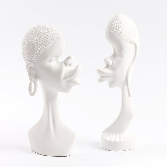 2 Pieces Resin Abstract African Couple Head Sculptures Art Statues for Home and Office White - Medaid - Lebanon