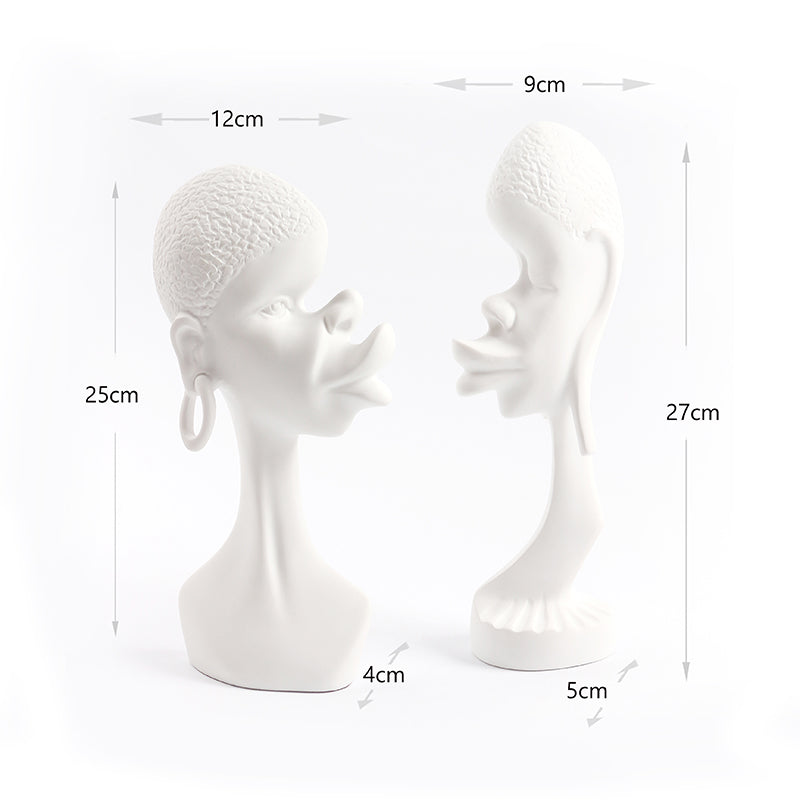 2 Pieces Resin Abstract African Couple Head Sculptures Art Statues for Home and Office White - Medaid - Lebanon