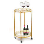 2 Tier Metal Round Mirrored Bar Cart Home Bar Serving Trolley with 4 Wheels with Brake for Kitchen Living Room Hotels - Medaid - Lebanon