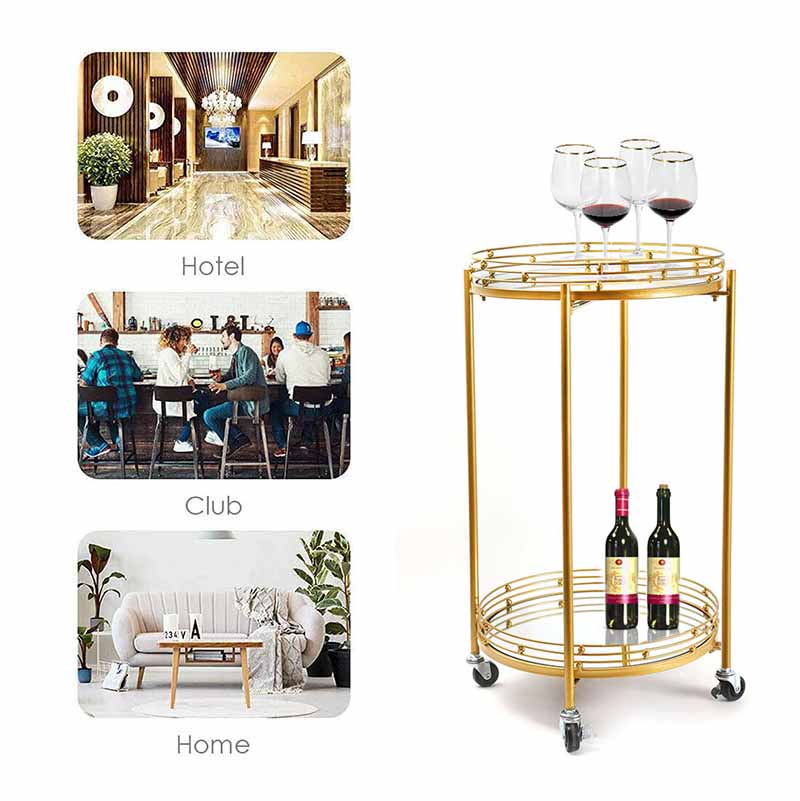 2 Tier Metal Round Mirrored Bar Cart Home Bar Serving Trolley with 4 Wheels with Brake for Kitchen Living Room Hotels - Medaid - Lebanon