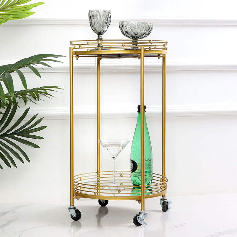 2 Tier Metal Round Mirrored Bar Cart Home Bar Serving Trolley with 4 Wheels with Brake for Kitchen Living Room Hotels - Medaid - Lebanon