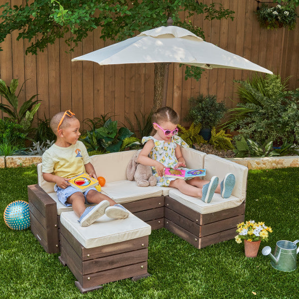 Outdoor Sectional Ottoman & Umbrella Set- Bear Brown & Beige By Kidkraft - Medaid International