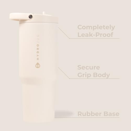 HydroJug Sport - Stainless Steel Tumbler with Straw, Vacuum Insulated, 32oz Leakproof Water Bottle, Ergonomic Design, Reusable, Dishwasher Safe, Rubber Base, Durable for Gym or Outdoors, Cream|B0DGHQWVDQ