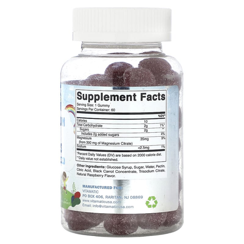 Vitamatic, Kids, Magnesium Calm Gummies, Natural Raspberry, 60 Gummies - Medaid International