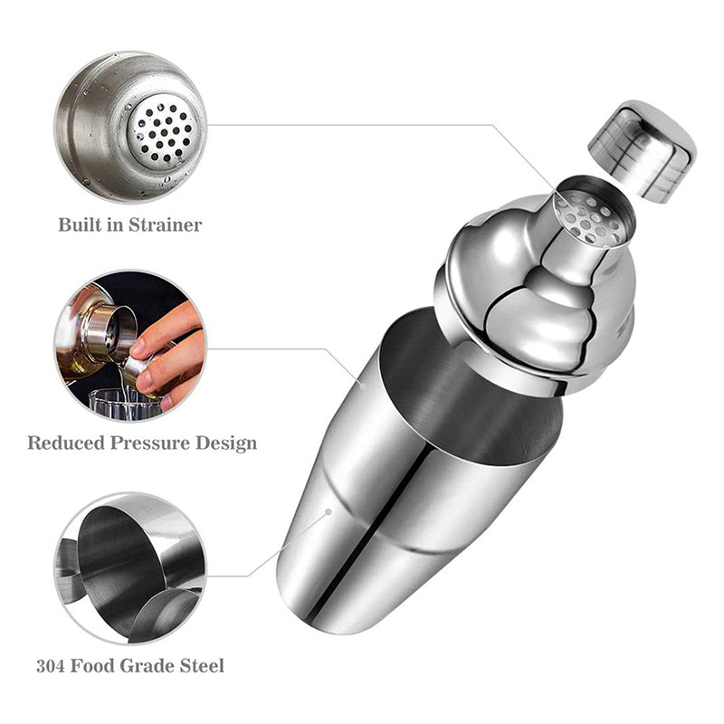 Stainless Steel Cocktail Shaker with Built in Strainer and Lid Drink Mixer Shaker for Home Hotel Restaurant Bar Silver - Medaid