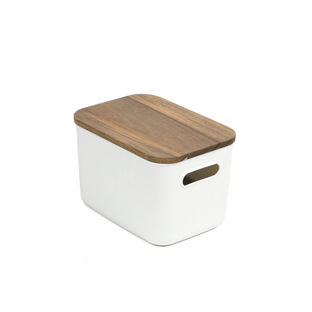 White Storage Tub W/ Acacia Lid - Small