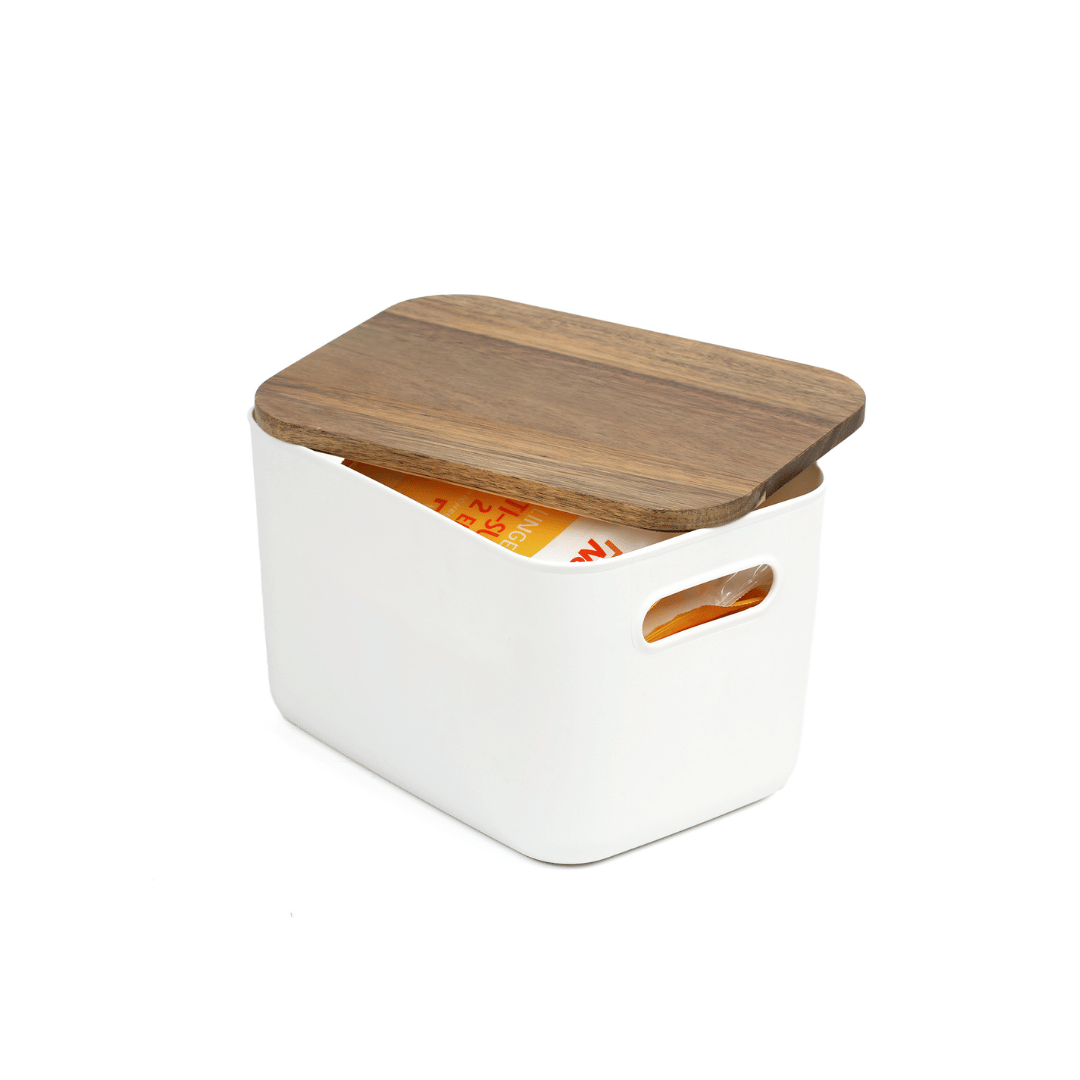 White Storage Tub W/ Acacia Lid - Small