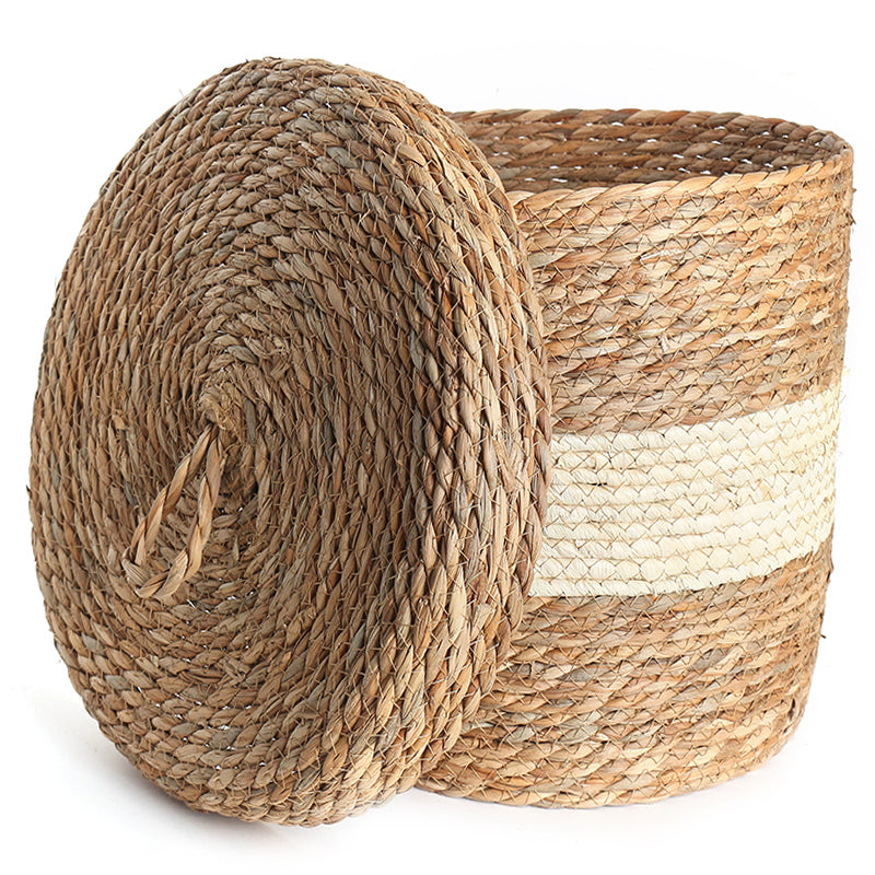 34 CM Multipurpose Handmade Wicker Woven Round Storage Basket with Lid Organizing Basket for Living Room Bedroom Nursery and Laundry - Medaid - Lebanon