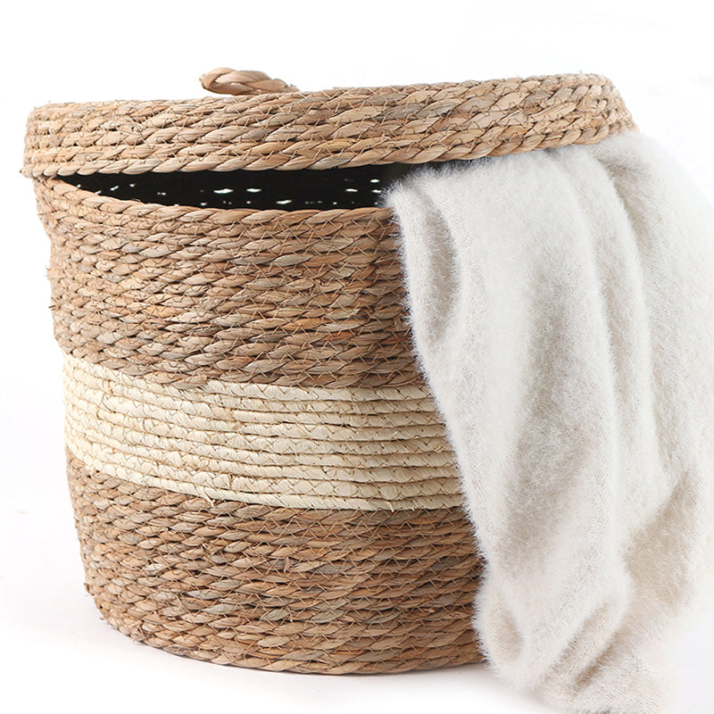 34 CM Multipurpose Handmade Wicker Woven Round Storage Basket with Lid Organizing Basket for Living Room Bedroom Nursery and Laundry - Medaid - Lebanon