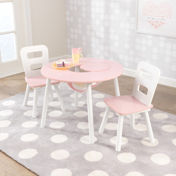Round Storage Table & 2 Chair Set- White & Pink - Medaid International