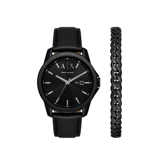 Armani Exchange Three-Hand Day-Date Black Leather Watch and Black Stainless Steel Bracelet Set - Medaid
