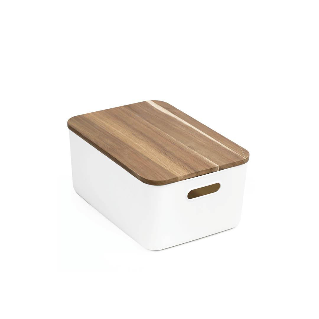 White Storage Tub W/ Acacia Lid - Medium