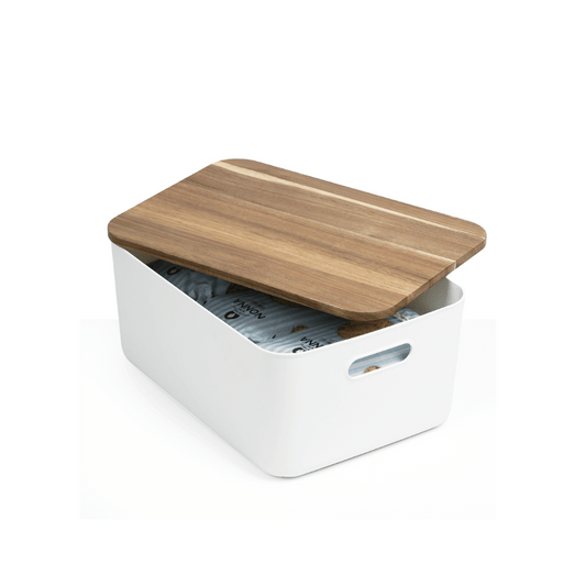 White Storage Tub W/ Acacia Lid - Medium