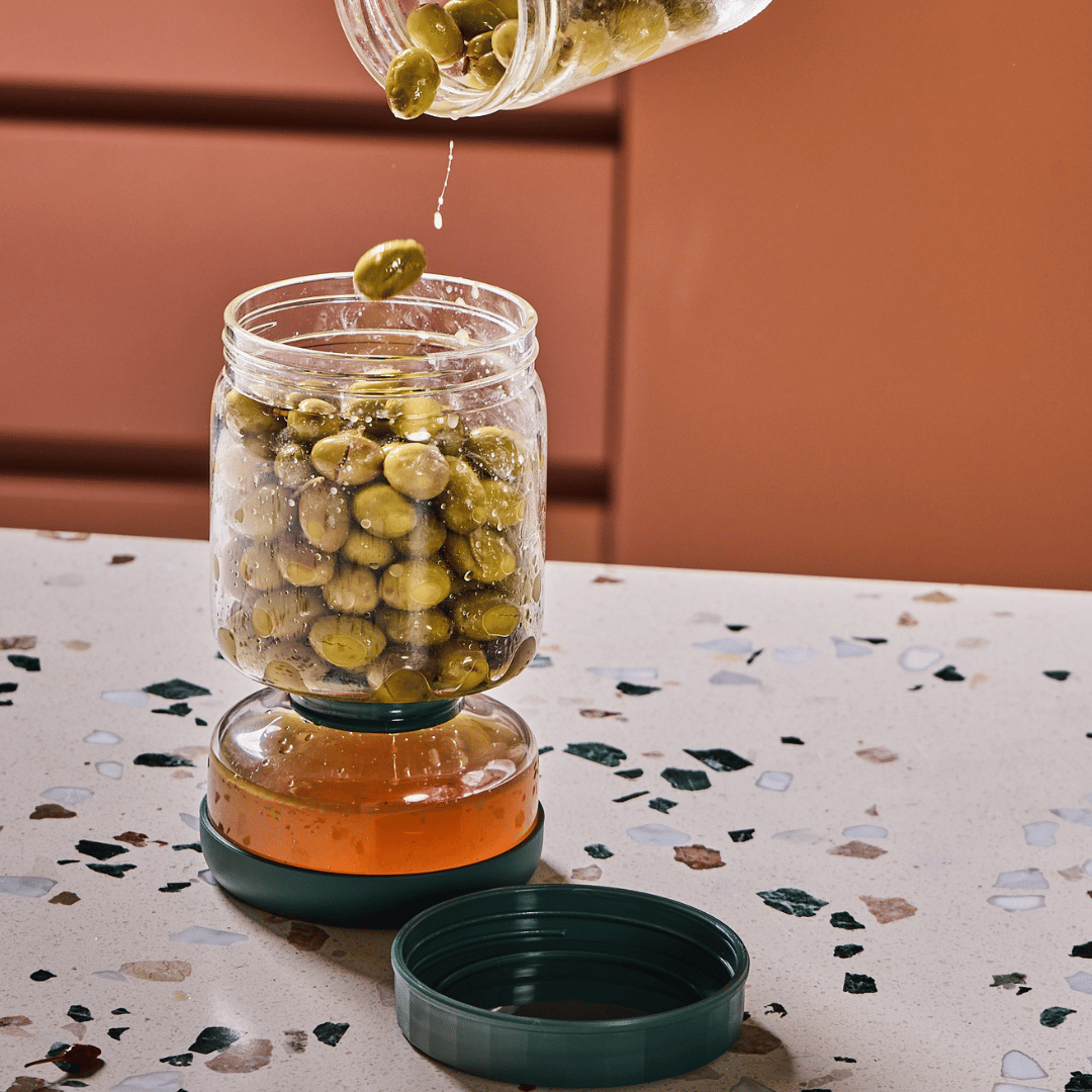 Olivra Flip-to-Strain Glass Jar