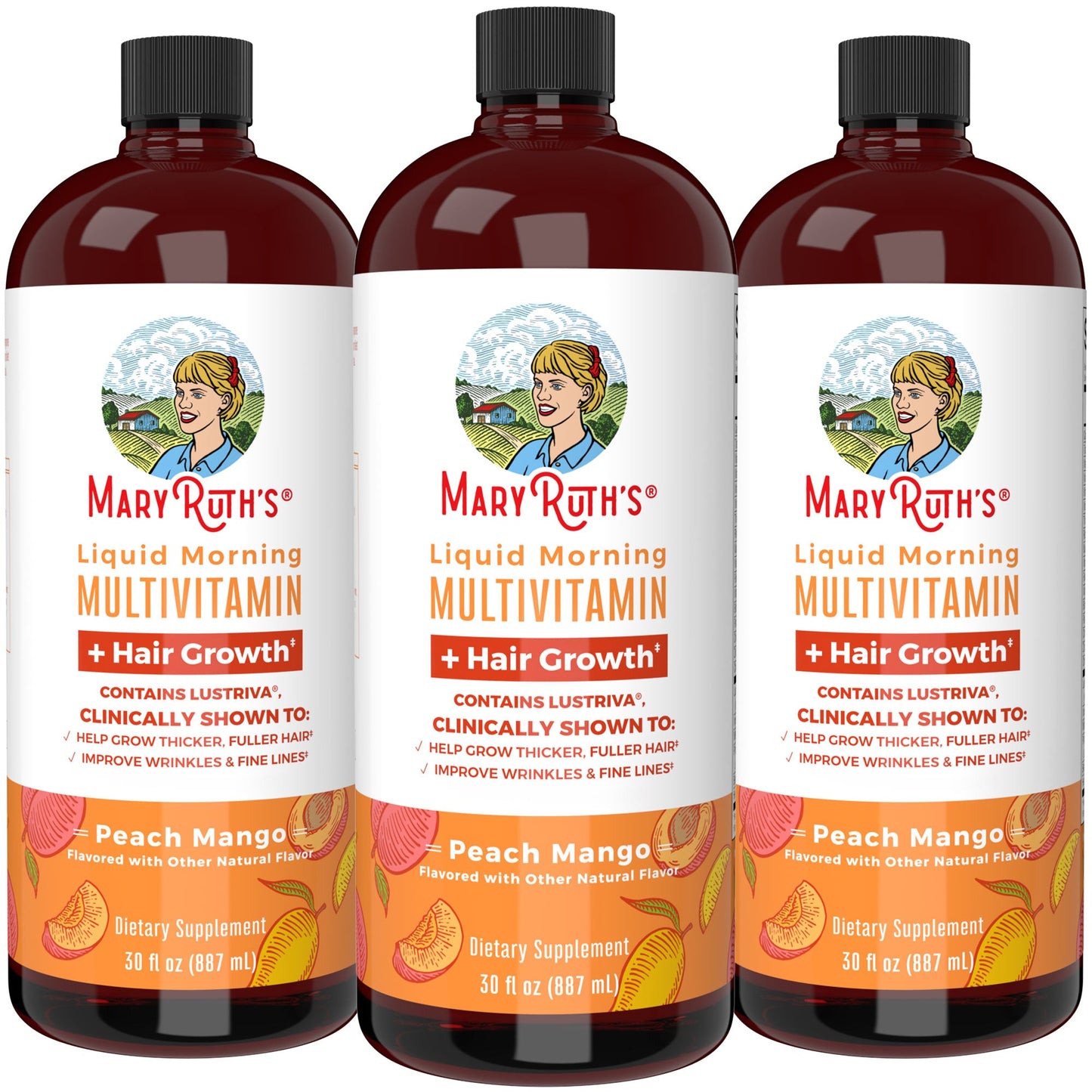 MaryRuth's Liquid Multivitamin + Lustriva® Hair Growth Vitamins Pack of 3 | Biotin 10000mcg | Vitamin D | Clinically Tested for Thicker Hair, Wrinkles, Fine Lines, Skin Care | Ages 18+ | 30 Fl Oz x 3 - Medaid International