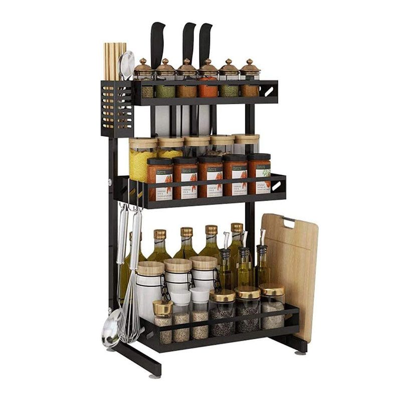 3 Tier Kitchen Storage Spice Rack Countertop Freestanding Shelf Organizer for Jars Bottles Includes Knife Cutlery Cutting Board Holders and 3 Hooks - Medaid