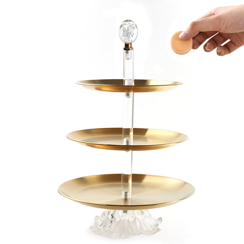 3 Tier Stainless Steel Round Cupcake Holder with Ball Handle Display Stand with Glass Base for Cake Candies Desserts Appetizers Gold - Medaid - Lebanon