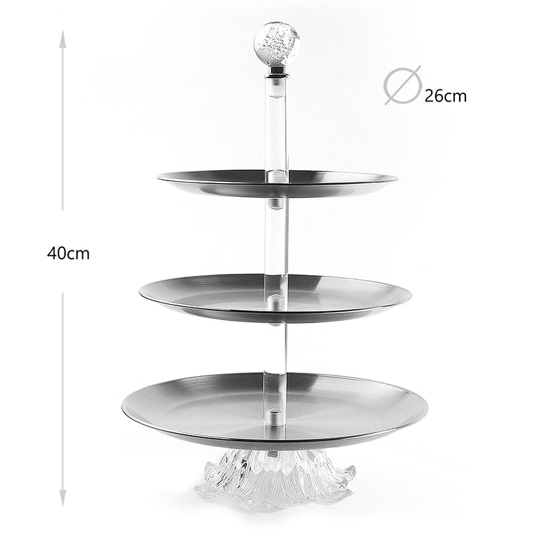 3 Tier Stainless Steel Round Cupcake Holder with Ball Handle Display Stand with Glass Base for Cake Desserts Appetizers Silver - Medaid