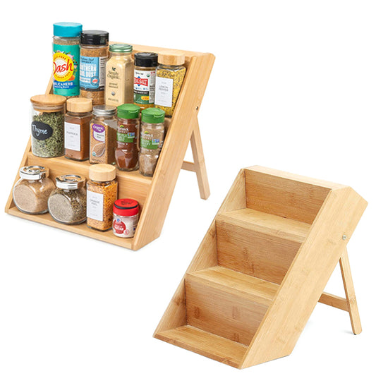 3 Tier Wooden Bamboo Spice Rack Wood Step Pantry Shelf Kitchen Cabinet Drawer Organizer Multipurpose Storage Holder for Kitchen and Bathroom Beige - Medaid