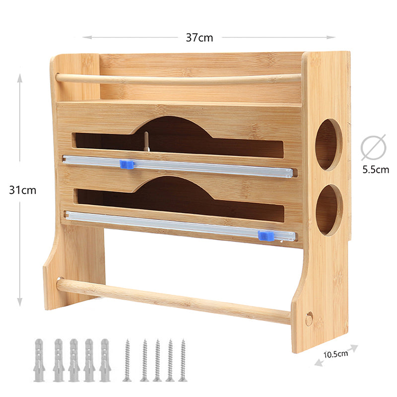 4 in 1 Bamboo Ziplock Foil and Plastic Wrap Organizer with Cutter for Kitchen Drawer or Wall Mount Spice Storage Rack and Kitchen Paper Holder - Medaid - Lebanon