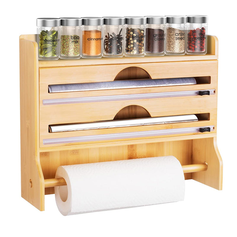 4 in 1 Bamboo Ziplock Foil and Plastic Wrap Organizer with Cutter for Kitchen Drawer or Wall Mount Spice Storage Rack and Kitchen Paper Holder - Medaid - Lebanon