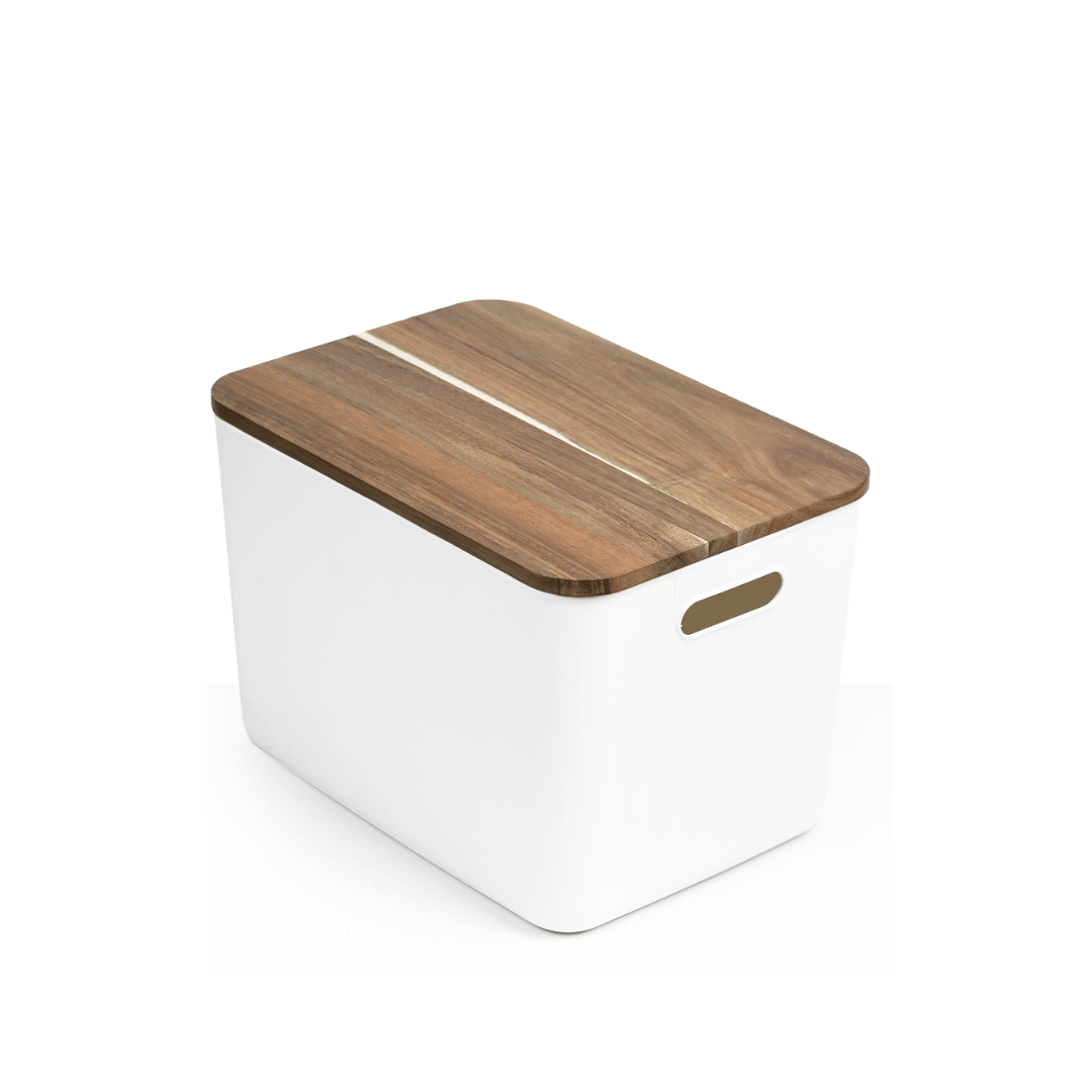 White Storage Tub W/ Acacia Lid - Large