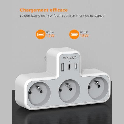Tessan - 6-in-1 Multi Socket with 3 Wall Sockets & 3 USB Ports for Home & Travel