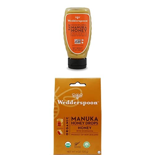 Bundle - Wedderspoon Raw Premium Manuka Honey KFactor 16 Squeeze Bottle (12 Oz) and Manuka Honey Drops, Honey & Echinacea (4 Oz) - Medaid International