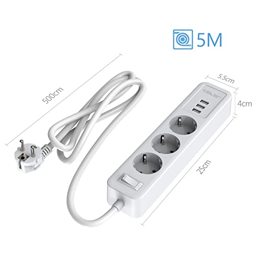 Jsver - Power Strip with 3 USB Ports, Surge Protection, Wall Mountable, 3680W