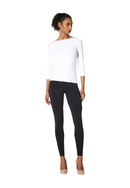 Wolford Cordoba Top Long Sleeves for Women Seamless Slim Fit Boatneck Shiny 3/4-Length Sleeves Soft Cotton Blend Interior White X-Small - Medaid International