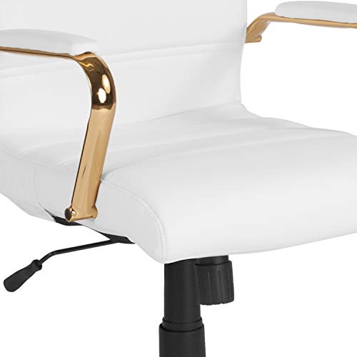 Flash Furniture Whitney Mid-Back Swivel LeatherSoft Desk Chair with Padded Seat and Armrests, Adjustable Height Padded Office Chair, White/Gold - Medaid International