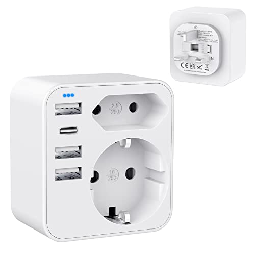 Hanyeal - 6 in 1 UK Plug Adapter with 2 Sockets, 3 USB Ports & Type-C