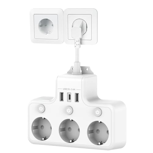 Techuoso - Electric Power Strip with Independent Control, 3 Sockets, White