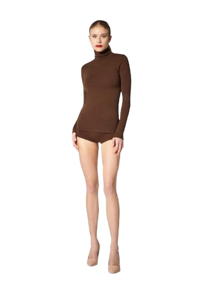 Wolford The Merino Top Long Sleeves For Women Wool Turtleneck Seamless Slim Fit Layering Shirt Warm Base Layer Sweater umber Brown Small - Medaid International