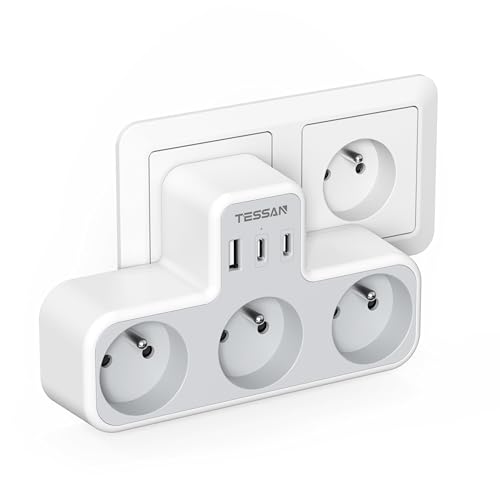 Tessan - 6-in-1 Multi Socket with 3 Wall Sockets & 3 USB Ports for Home & Travel