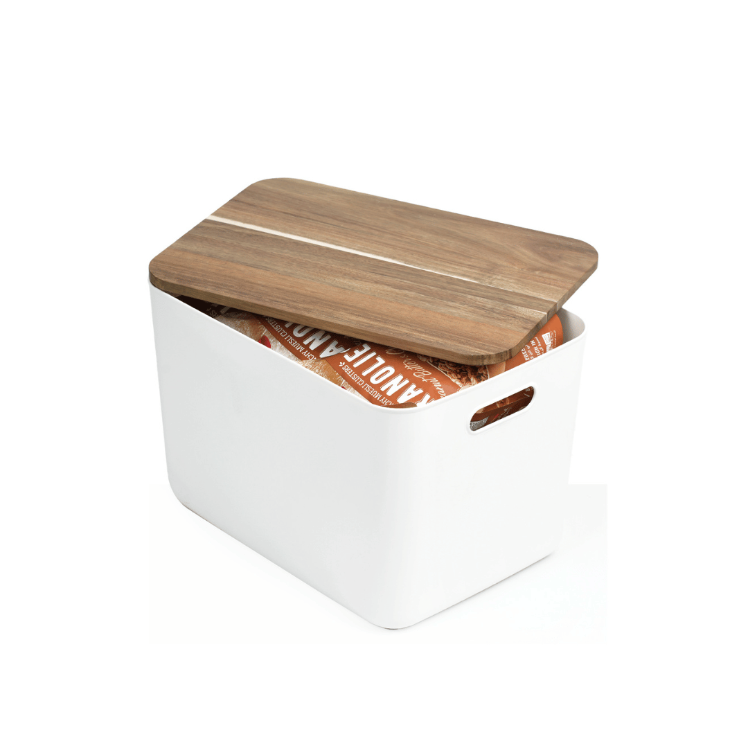 White Storage Tub W/ Acacia Lid - Large